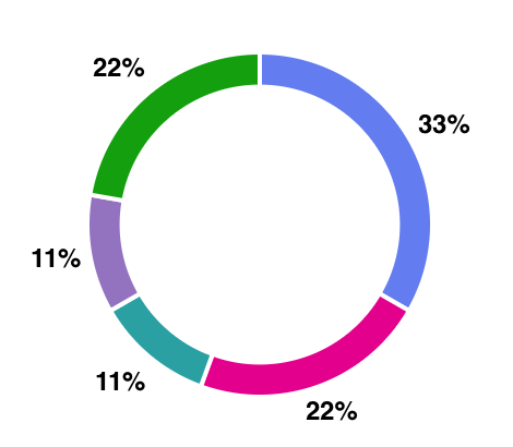 A pie chart with a 33%, 22%, 22%, 11%, and 11% breakdown.